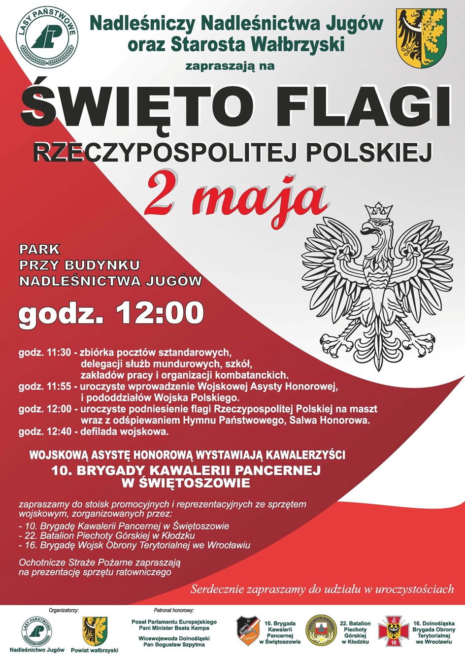 Plakat - zaproszenie na Święto Flagi 2 maja przy Nadleśnictwie Jug&oacute;w o godz. 12tej