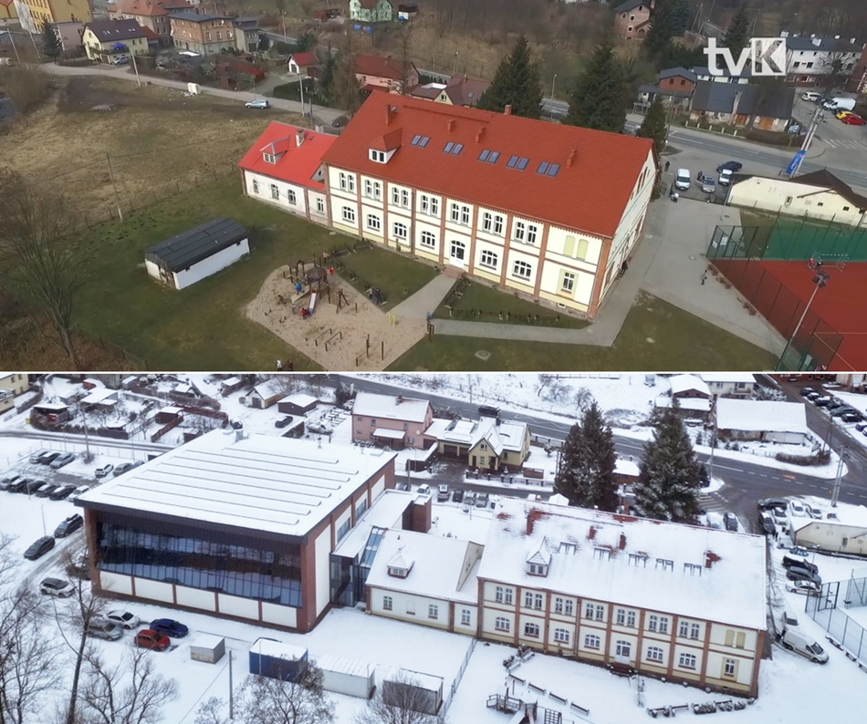 Zesp&oacute;ł Szk&oacute;ł Nr 2 w Ludwikowicach Kł. przed budową sali i po