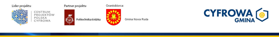 Baner z logo Centrum Projekt&oacute;w Cyfrowa Polska, Politechnika Ł&oacute;dzka, Gmina Nowa Ruda, Cyfrowa Polska