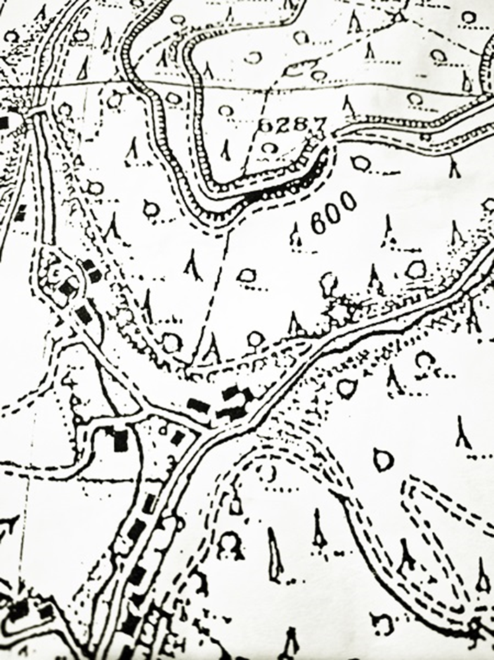 Zabudowa starego młyna wraz z budynkiem stajni na archiwalnej mapie z 1940r (igrek.amzp.pl)