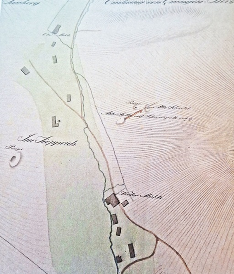 Archiwalna mapa (1821) obrazująca rozw&oacute;j przestrzenny K&ouml;pprich (zbiory archiwum Wyższego Urzędu G&oacute;rniczego w Katowicach)